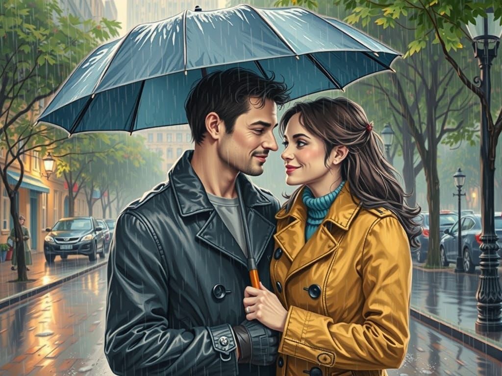 Romantic Couple Under Umbrella in Rainy Day Comic Art