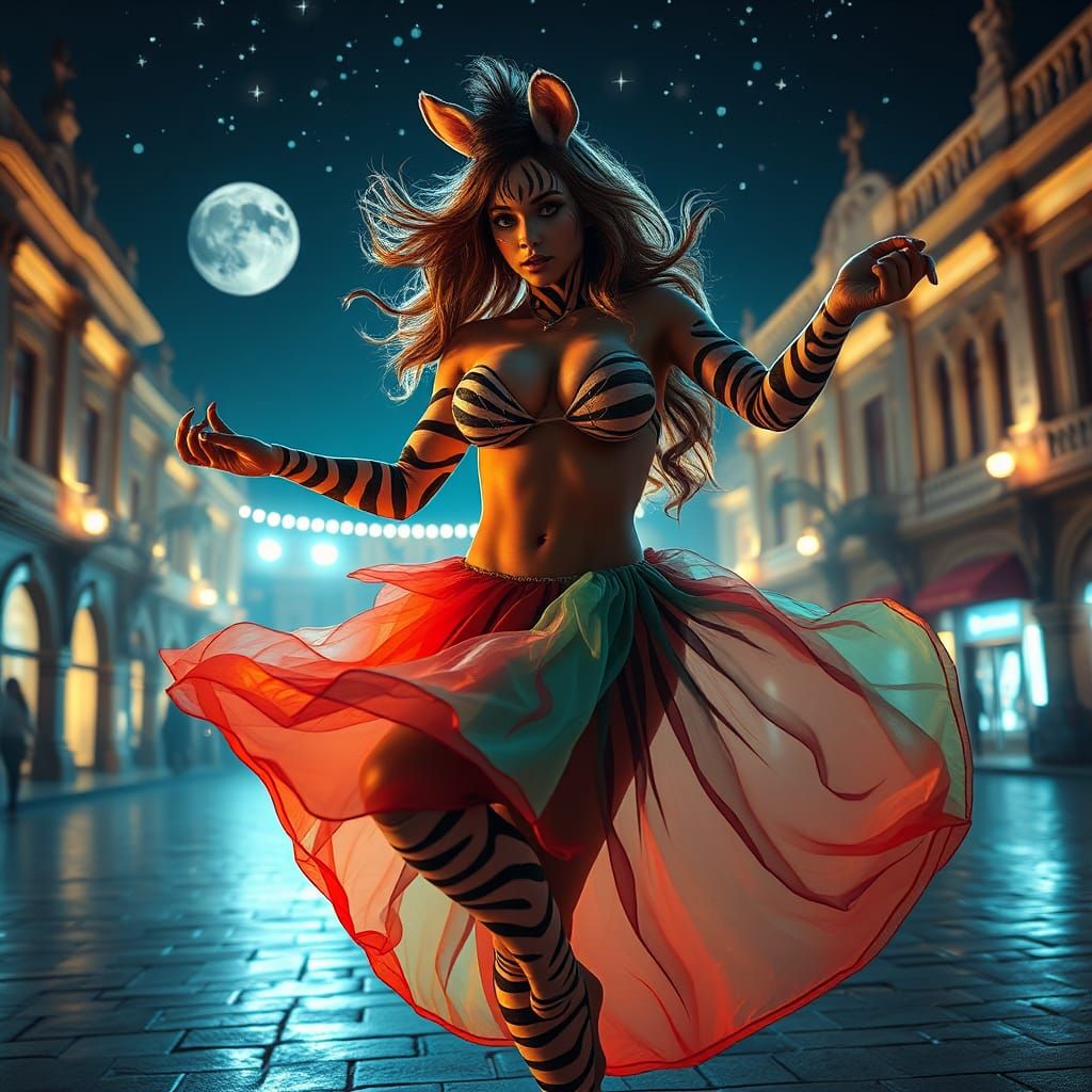 Zebra Woman Dancing in Moonlight, Hyperrealistic Style