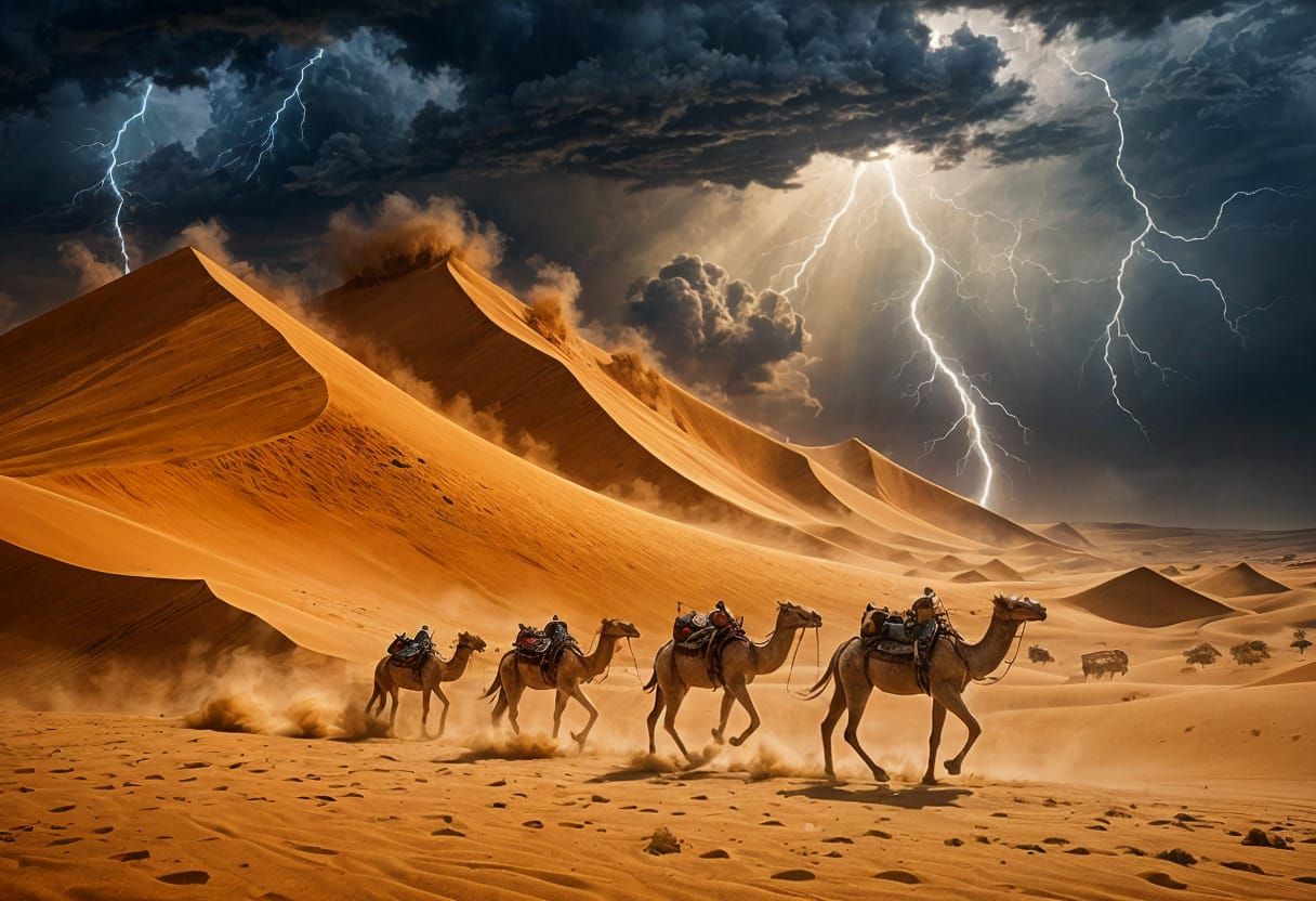 Dramatic Desert Sandstorm with Camels
