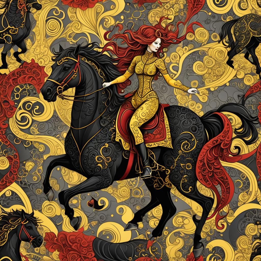 Yellow Woman on Horse with Abstract Fractal Design