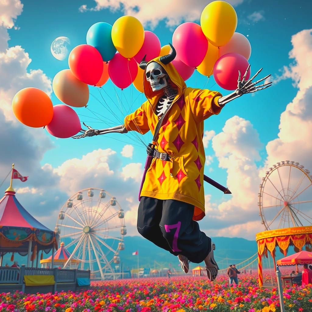 Epic Flying Skeleton King in a Vibrant Carnival
