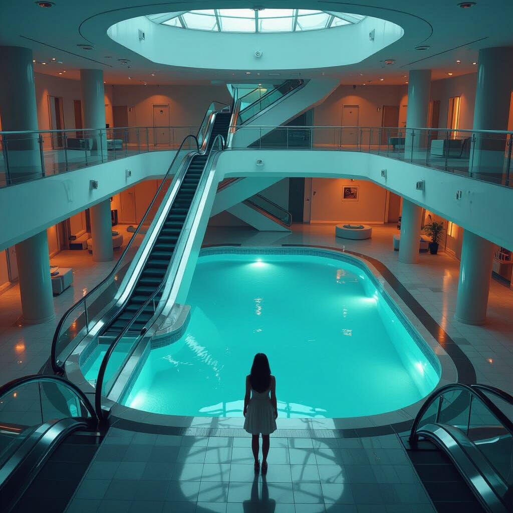 Woman in Surreal Liminal Space with Tenth Floor Pool