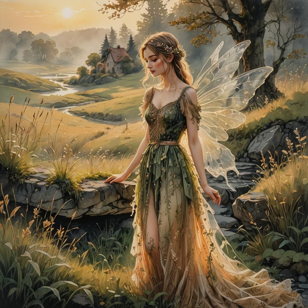 Fairy in Misty Meadow: European Ink Painting