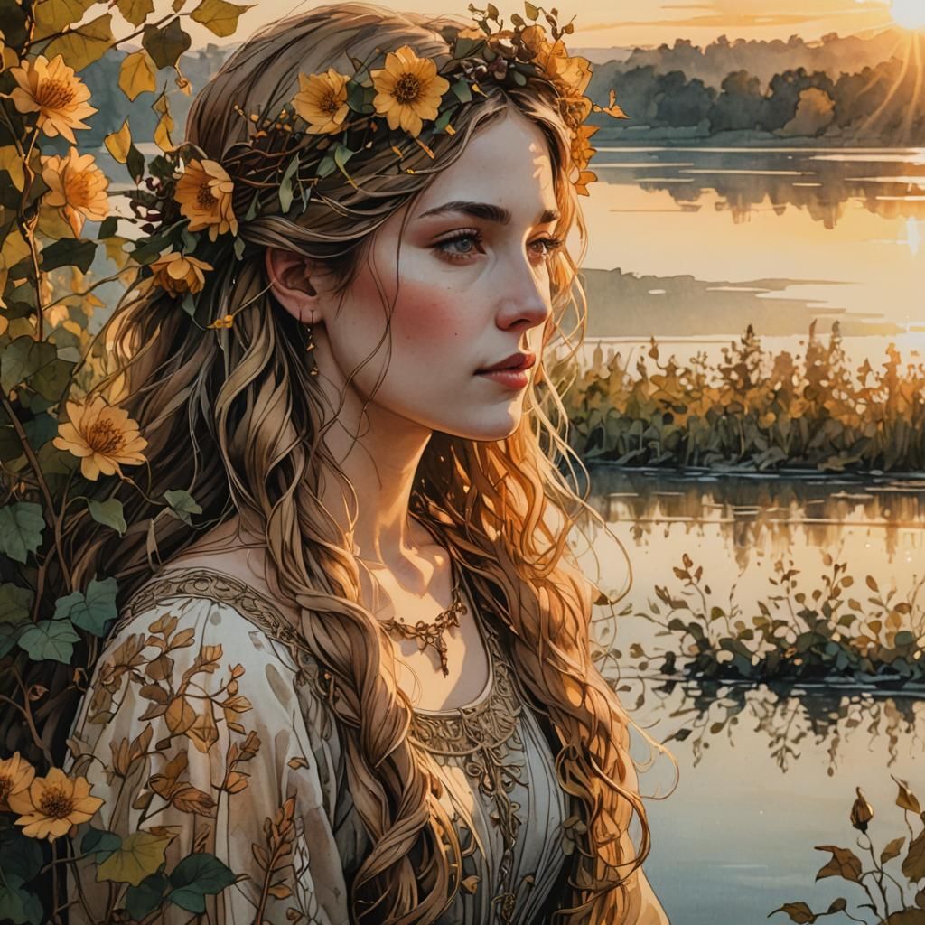 Woman at Sunrise: Hyperdetailed Ink Painting