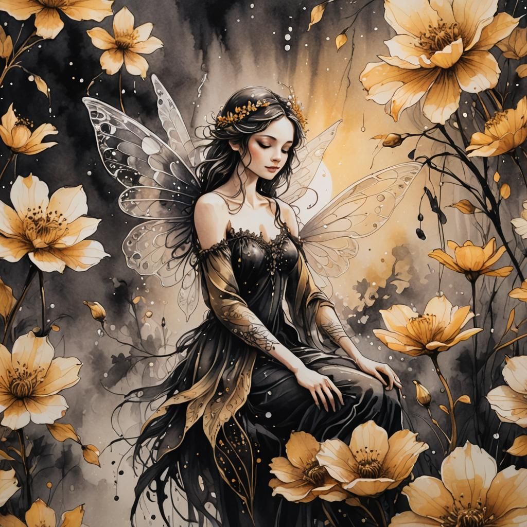 Fairy on Flower: Golden Hour Ink Painting