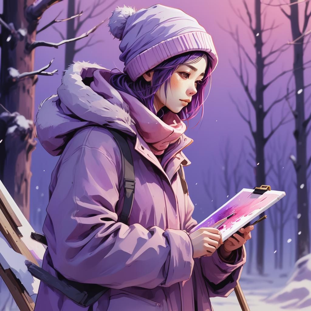 Female Artist Painting: Flat Illustration in Anime Style