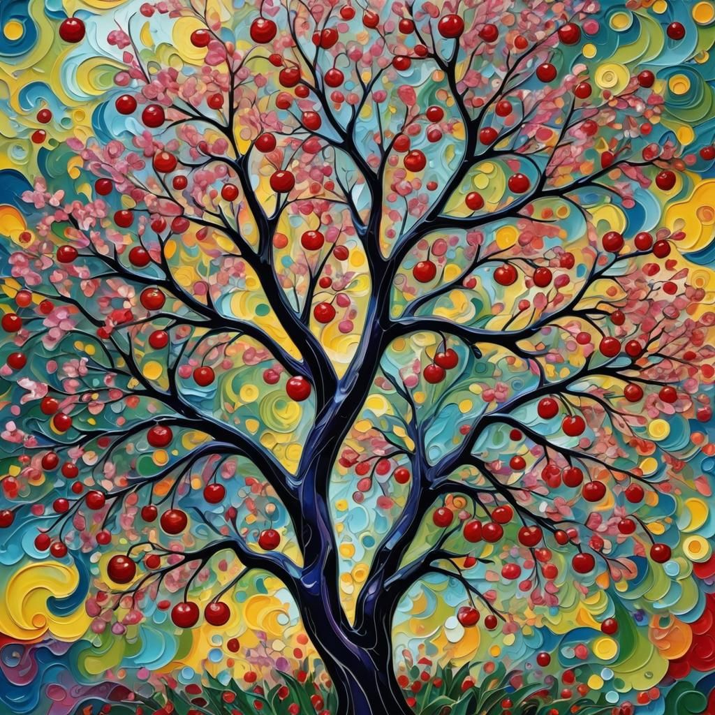 Cherry Tree in Pop Art Style, Neo-Impressionist Painting