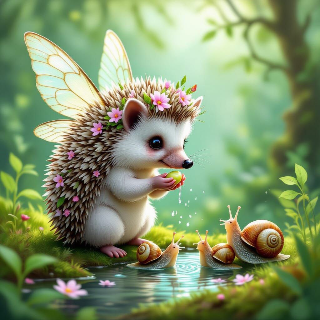 Hedgehog Fairy Baptizes Snails: Whimsical Forest Scene