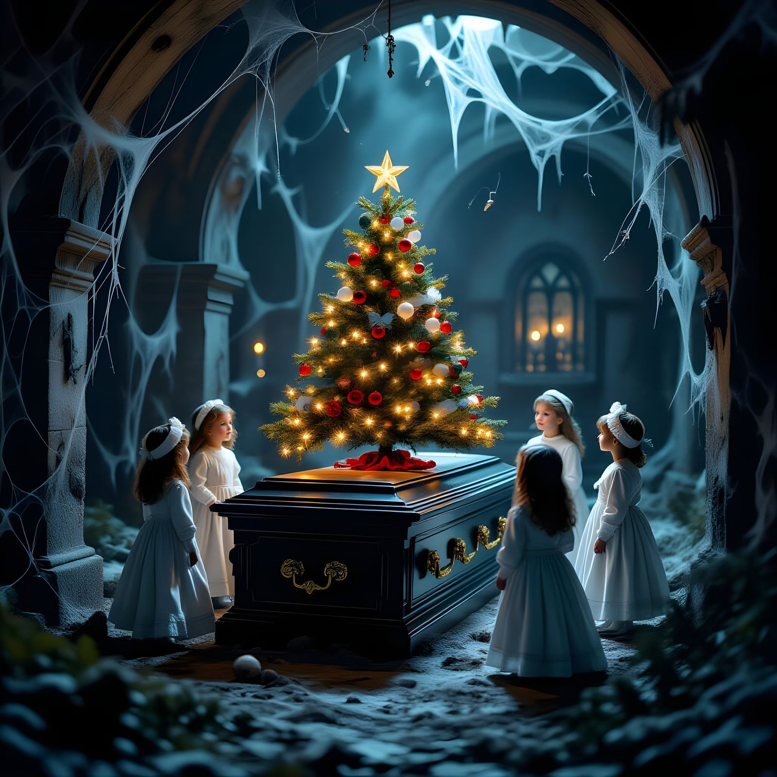 Victorian Ghostly Children Admire Crypt Christmas Tree