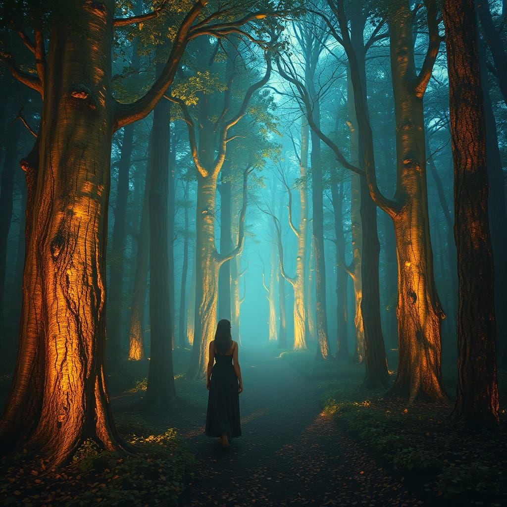 Mystical Woman in Luminous Forest Art