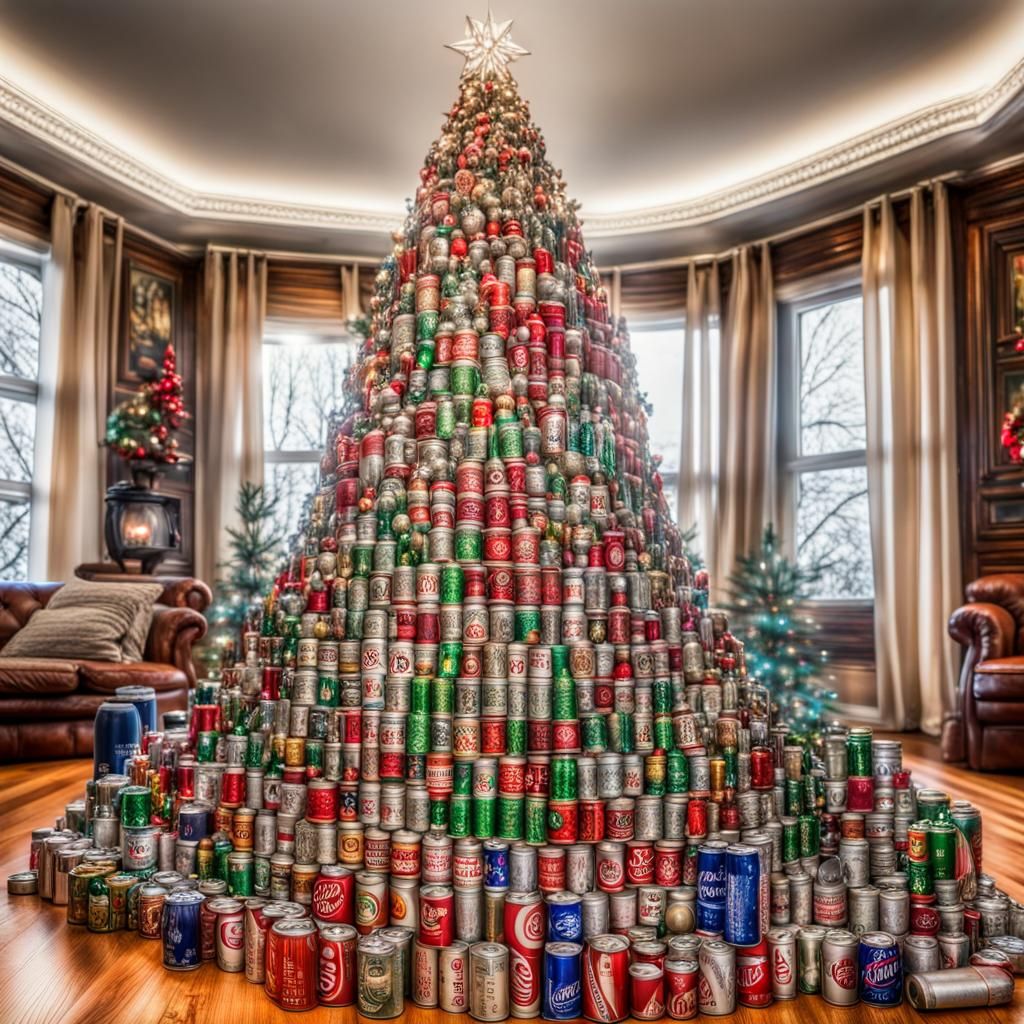 Festive Soda Can Christmas Tree: Hyperdetailed Image