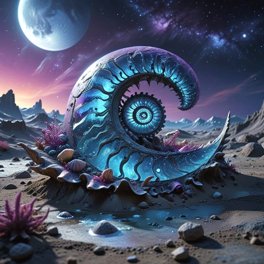 Surrealistic Watercolor of Ancient Seashell on the Moon's Su...