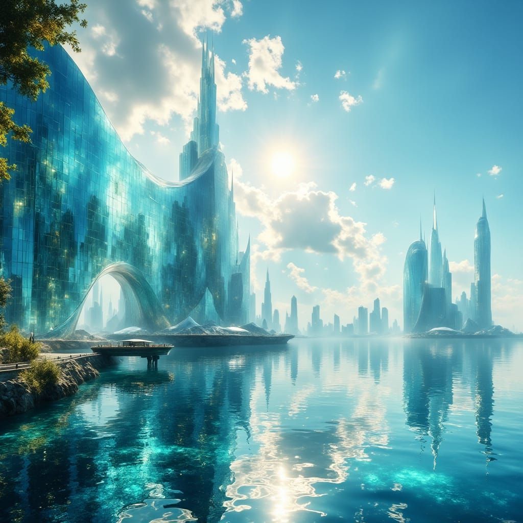 Floating Glass City Above Transparent Ocean with Glowing Tow...