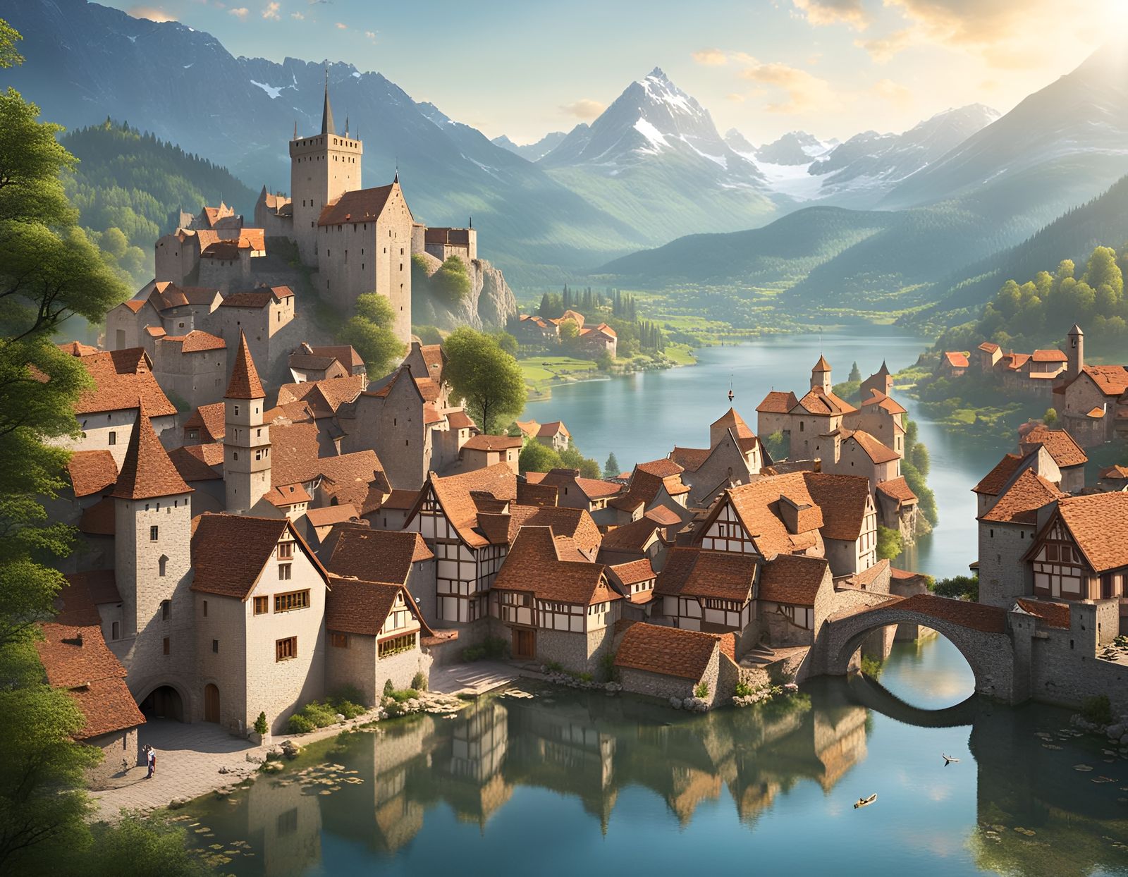 Picturesque Medieval Town Surrounded by Mountains and Lakes