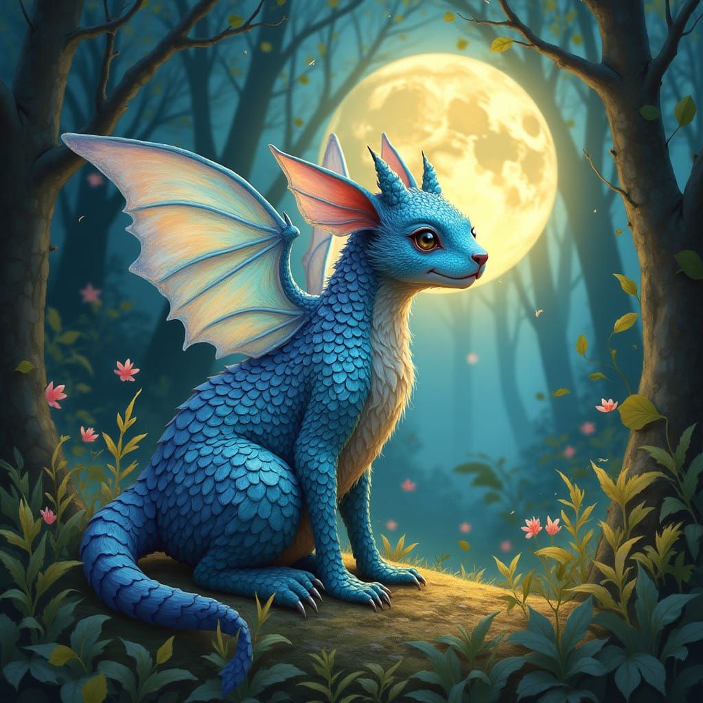 Whimsical Moonlit Fantasy Creature with Iridescent Scales an...