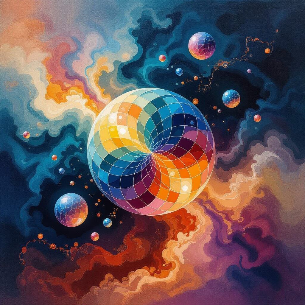 Abstract Orbs with Phosphorescent Light in Chinese Ink Style