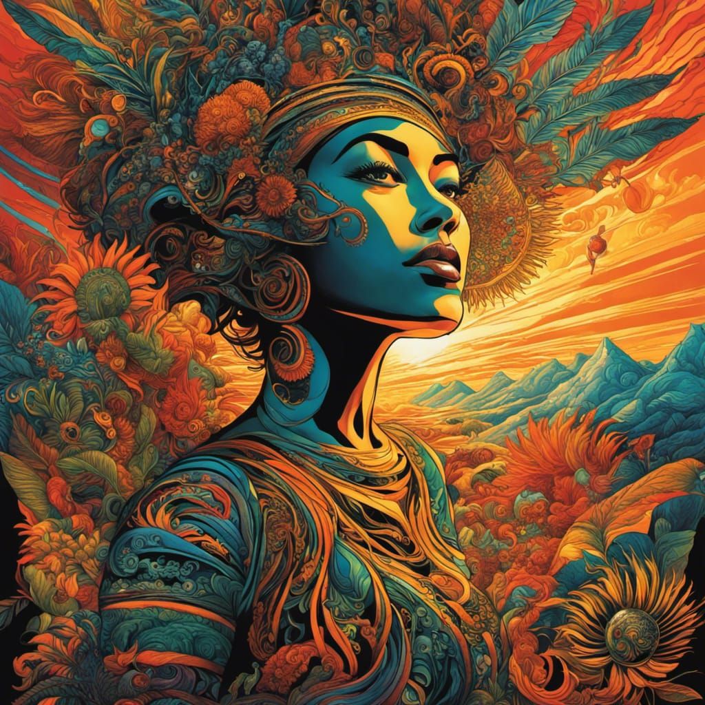 Surreal Woman with Multiple Faces in Mosaic Style