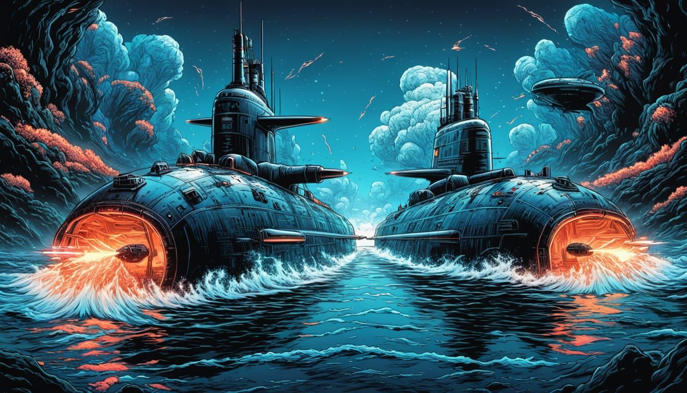 Underwater Submarine Chase in Comic Book Style