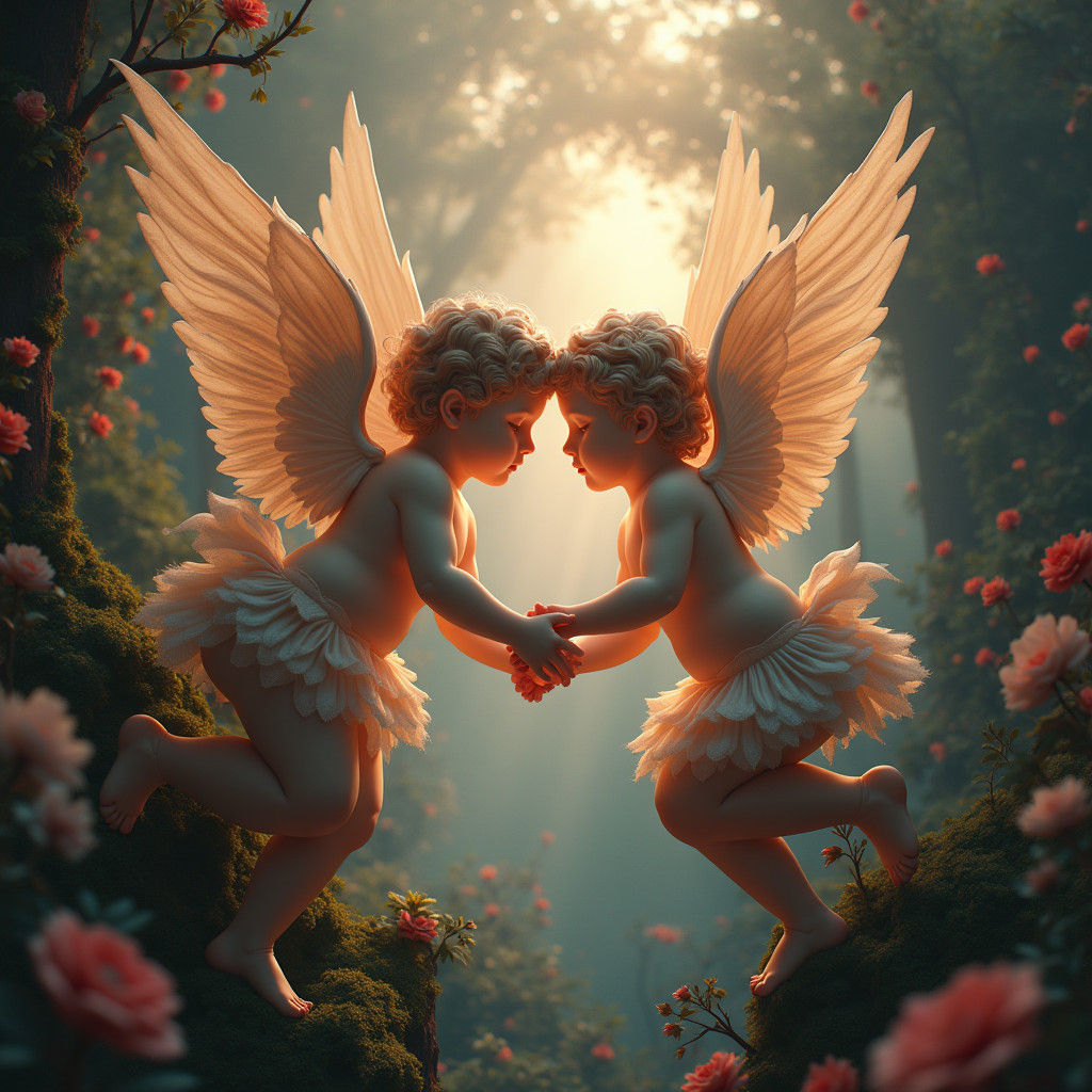 Angels and Cherubs in Lush Fantasy Landscape