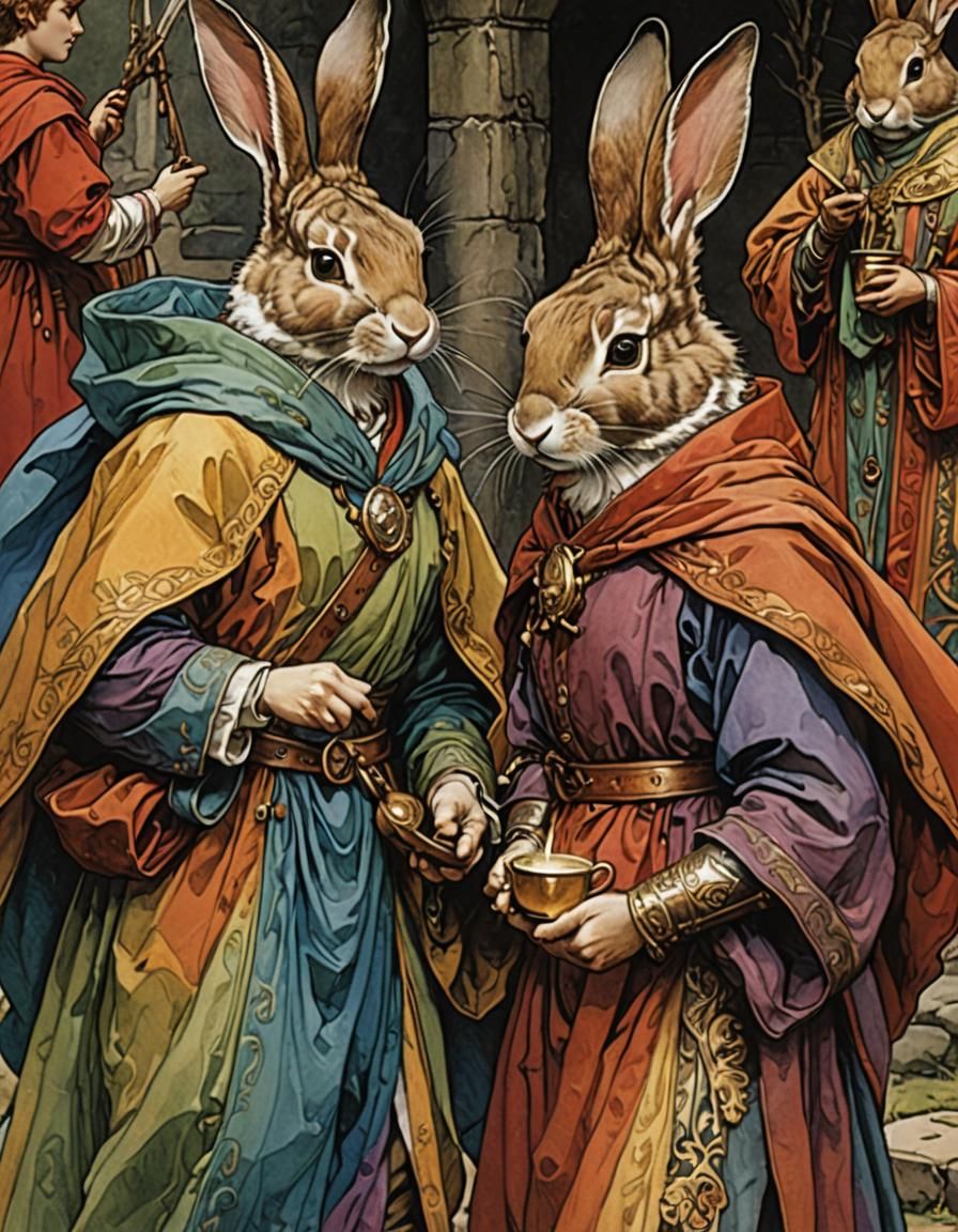 Roman Rabbits in Rainbow Robes, Romantic Illustration