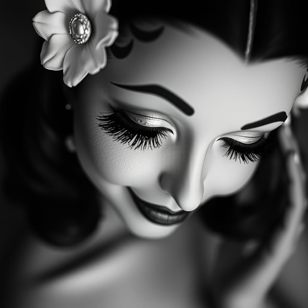 closeup of a betty boop style as smiling, art deco, monochro...