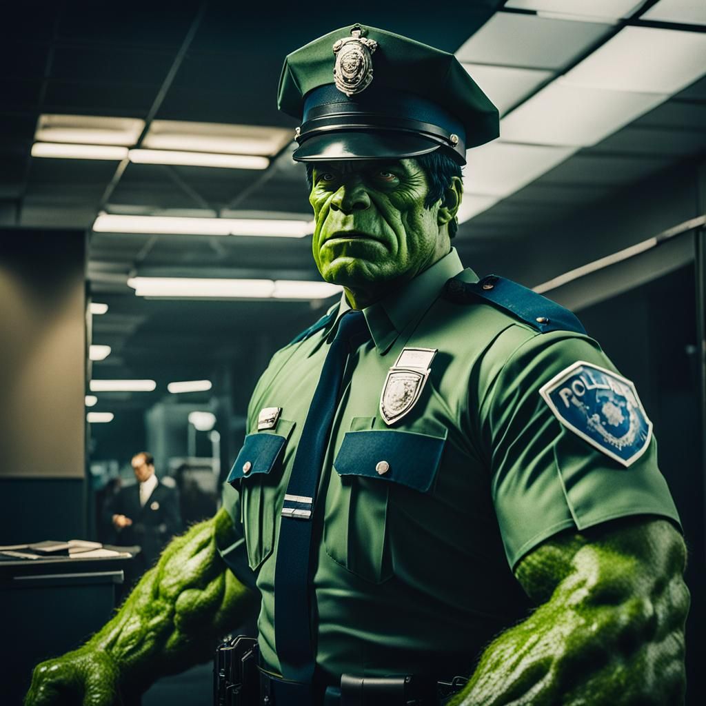 Hulk as Police Officer: Cinematic Film Still