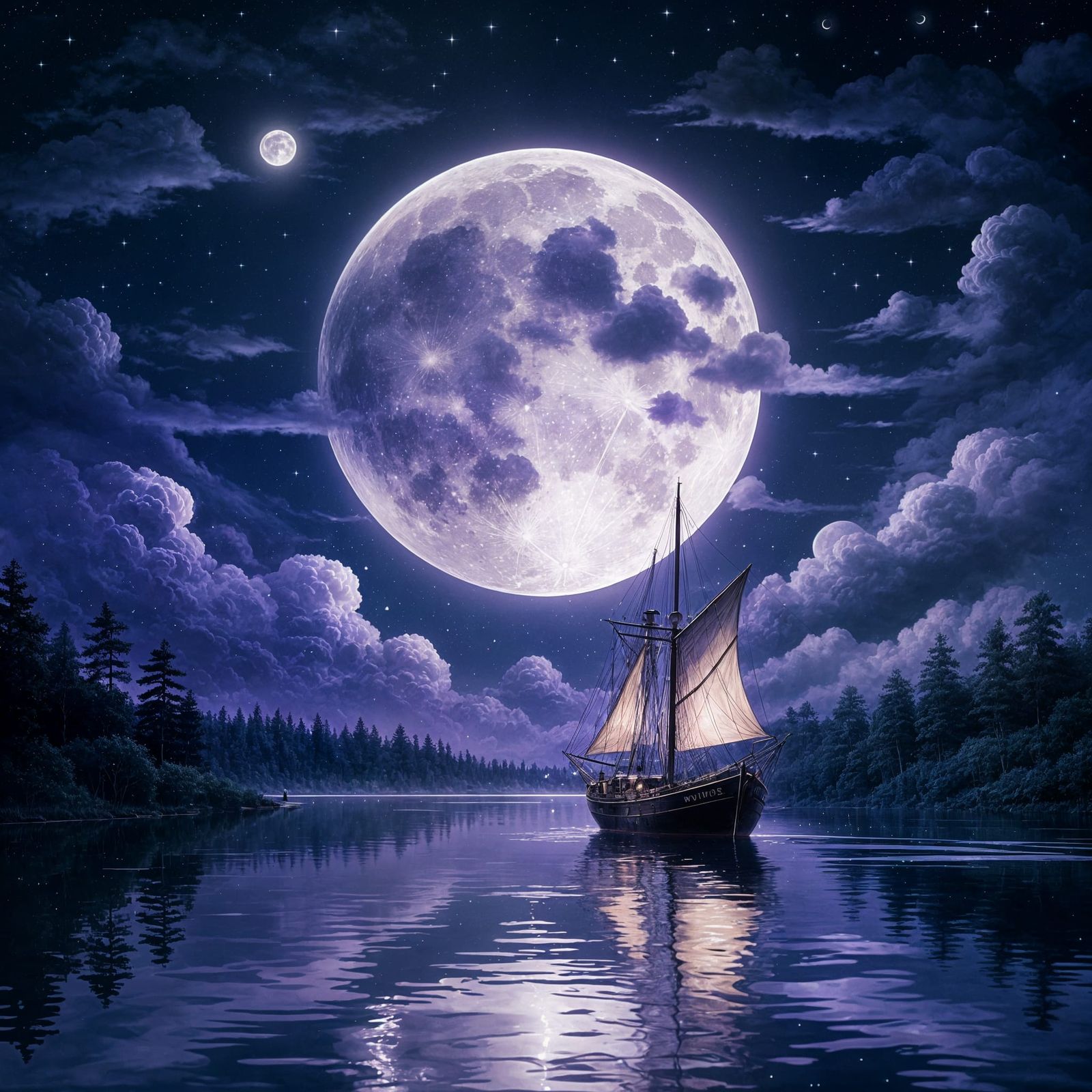 Purple Moonlit Night Landscape with Glowing Ship
