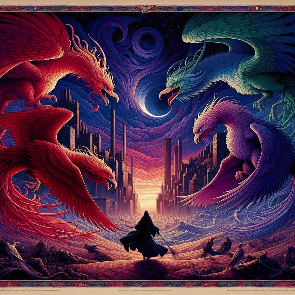 Sorcerer Guided by Phoenixes in Art Nouveau Style