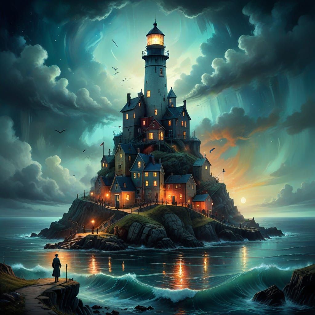 Surreal Cityscape with Lighthouse and Whimsical Figures