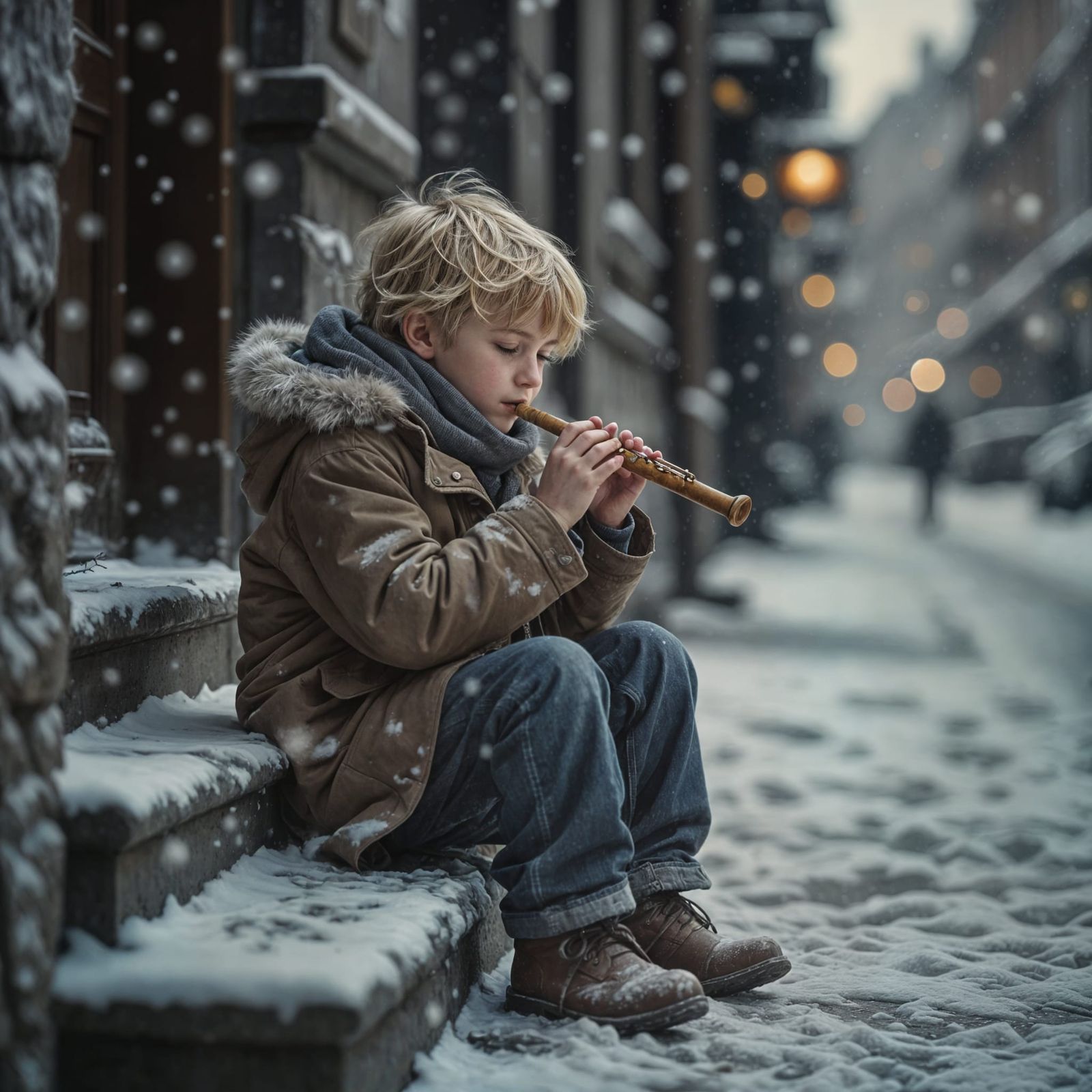 Sad Boy Plays Flute in Snowstorm