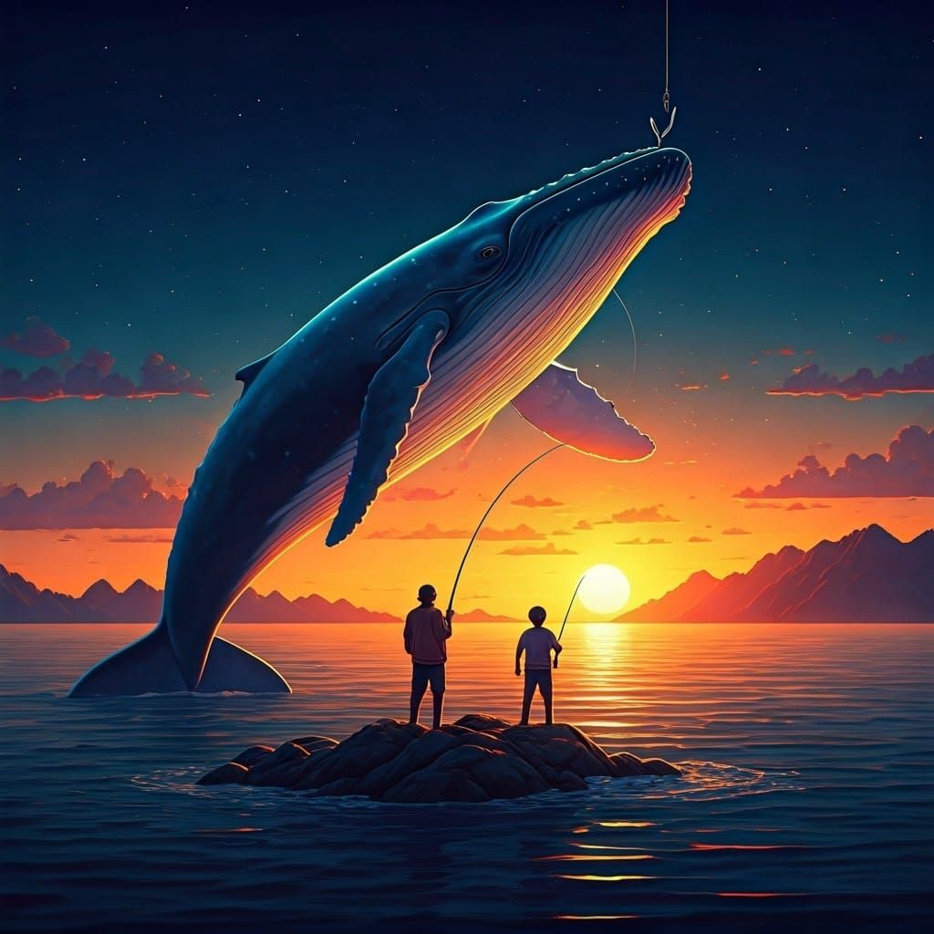 Father and Son Catch Giant Whale: Astral Illustration