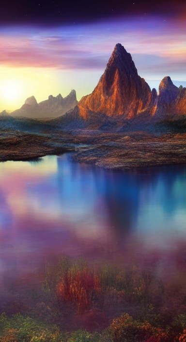 Sci-Fi City Mirrored in Lake Under Nebulae