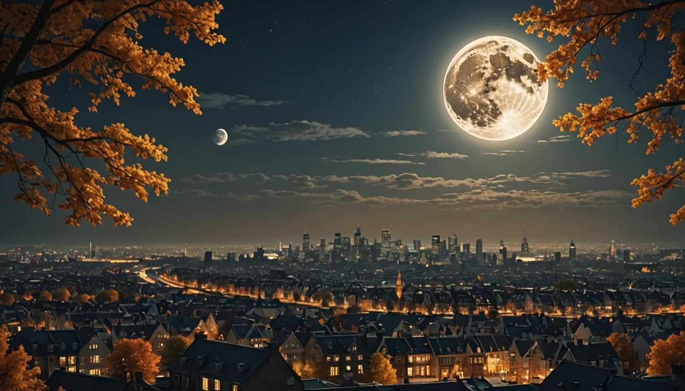 Autumn Moonrise Over City: Hyperrealistic Digital Painting