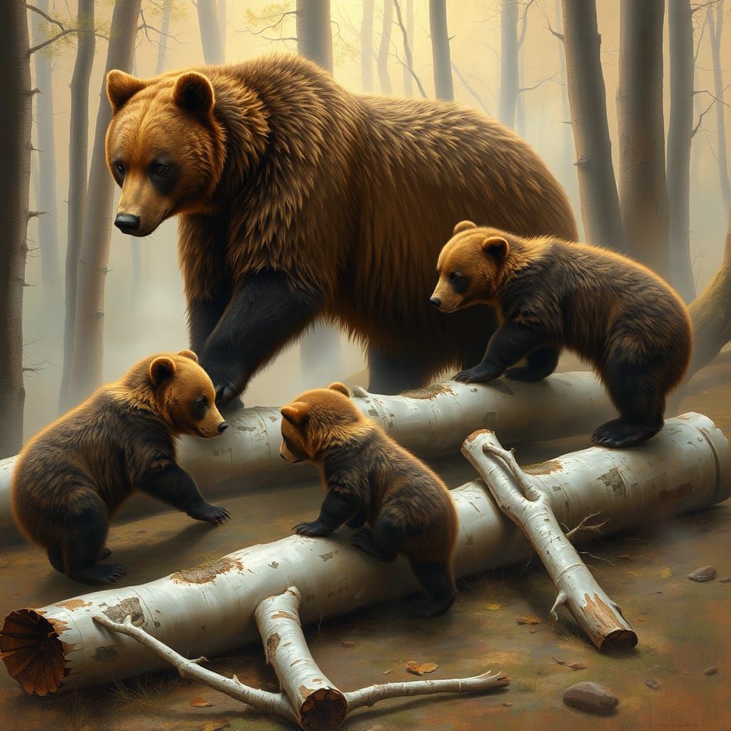 Bears Climb Fallen Birch Logs in a Misty Forest