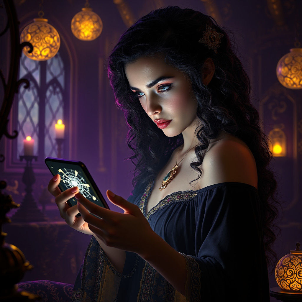 Mystical Woman and Sabotaged Phone in Art Nouveau Style