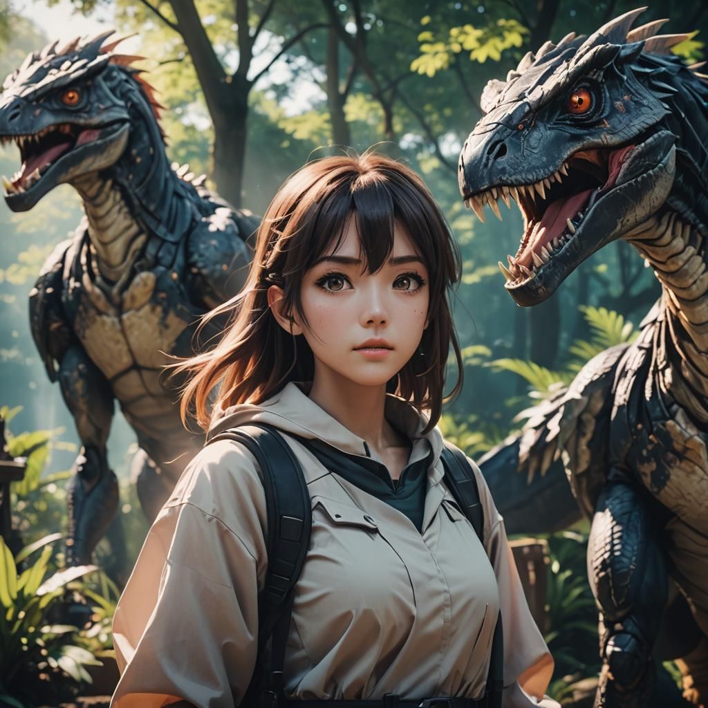 Fantastic anime girl in a Jurassic world