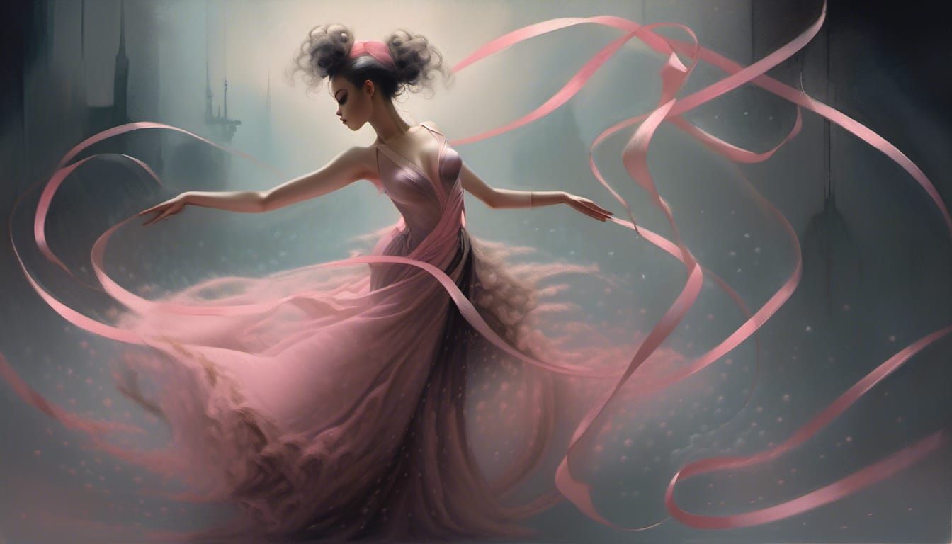 Acrobat Dancing with Ribbon in Abstract Neoralism Style