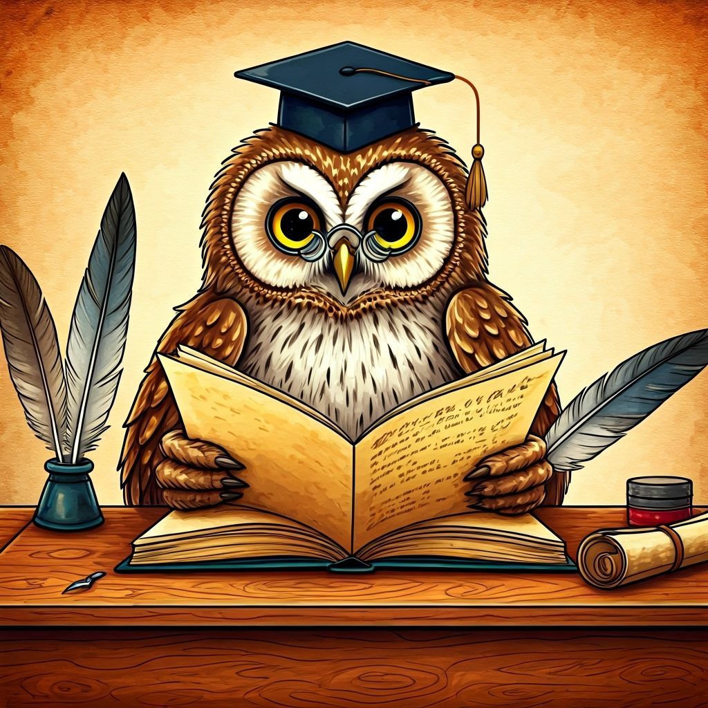 Whimsical Owl Reading Manuscript in Watercolor Style