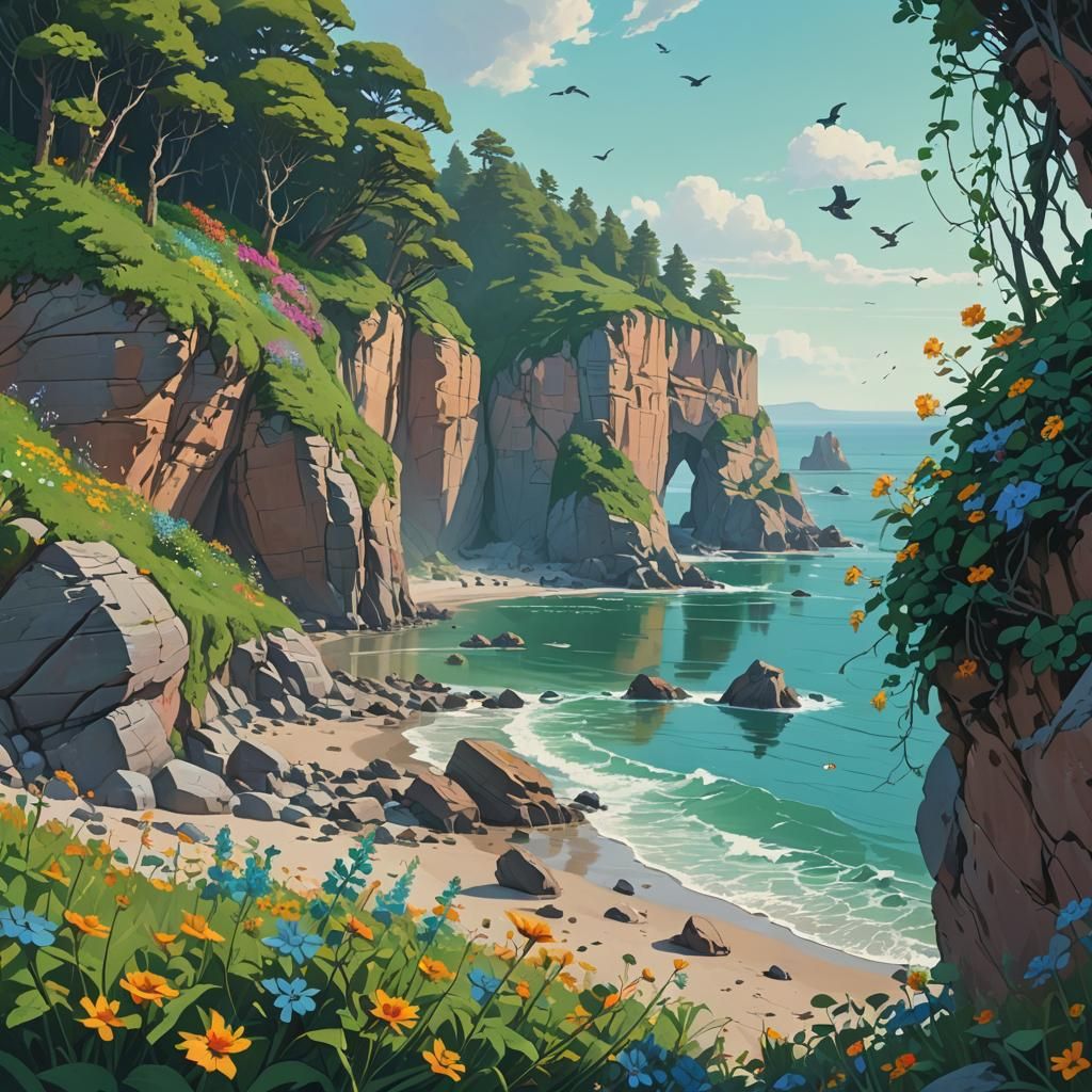 Dreamy Coastal Scene in Simon Stalenhag Style