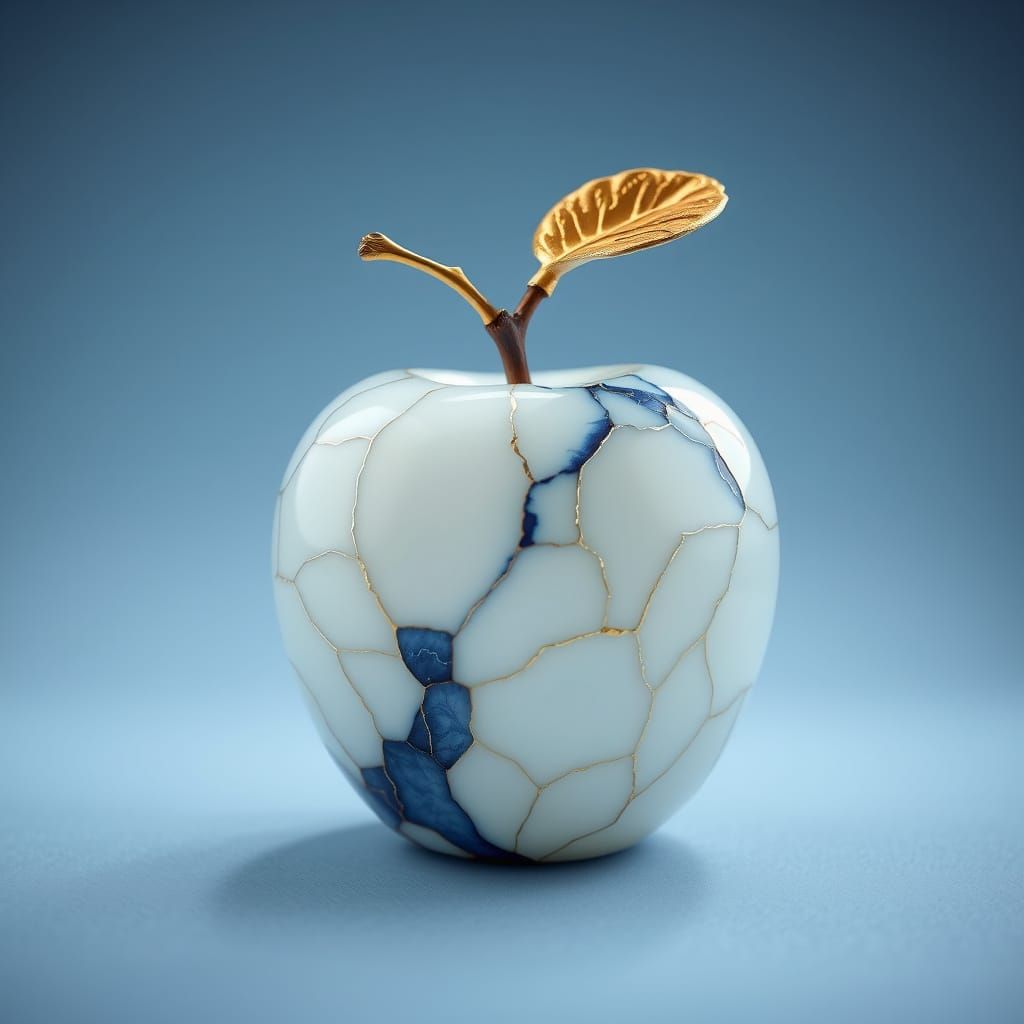Kintsugi-Inspired Porcelain Apple in Elegant Blue