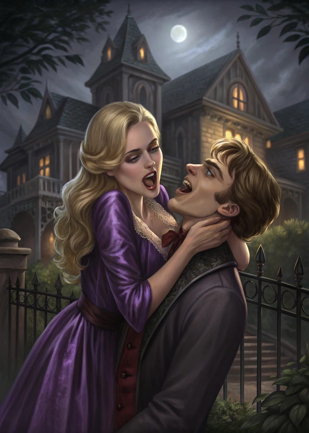 Gothic Vampire Biting a Man in a Mansion