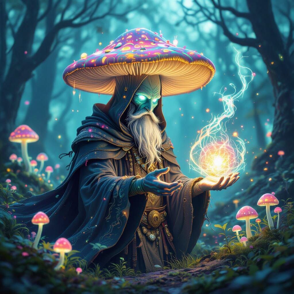 Mushroom Mage Conjuring Arcane Energy in Bioluminescent Fore...