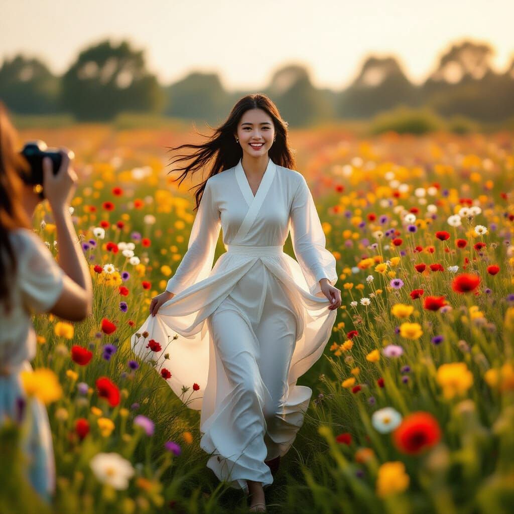 Vietnamese Woman Runs Through Wildflower Field, Cinematic