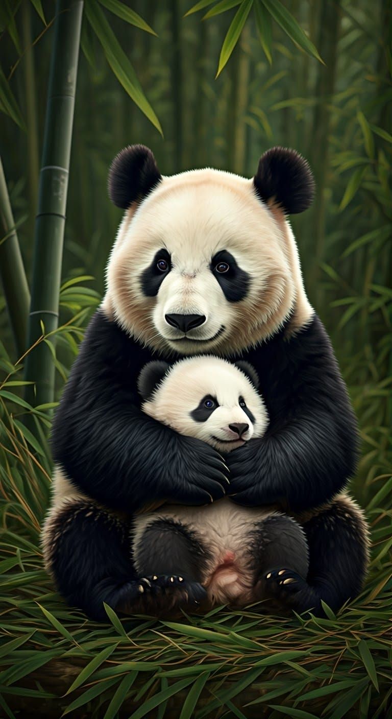 Mother Panda in Bamboo Forest, Photorealistic Wildlife Scene