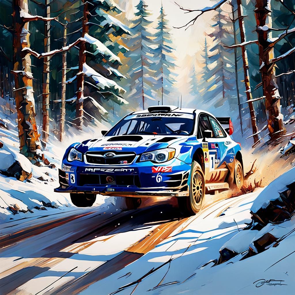Winter Sports: Subaru Impreza WRC rally car winding its way through a beautiful winter forest