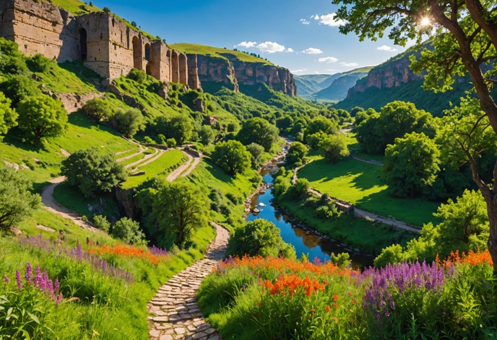Vibrant Valley Landscape with River and Ruins in 3D Anime St...