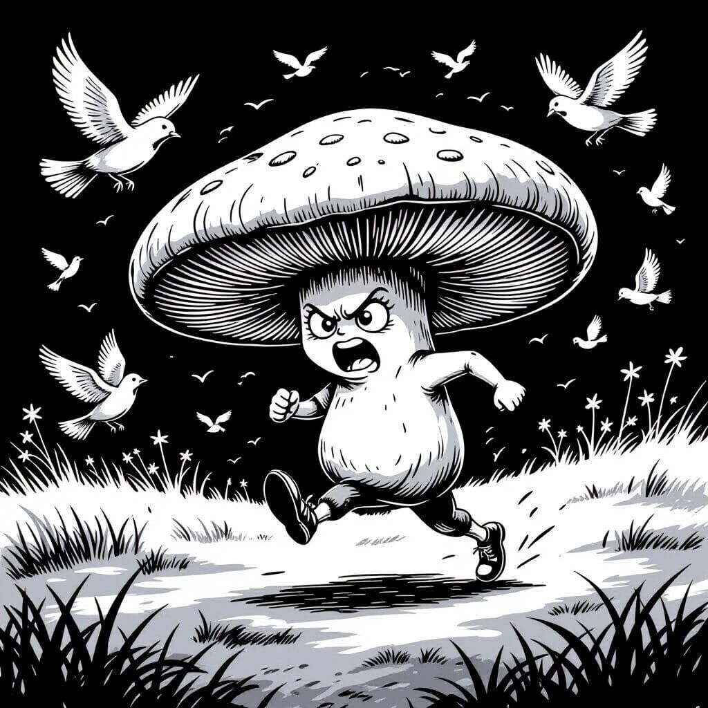 Shiitake Mushroom's Wild Escape from Birds in Ink