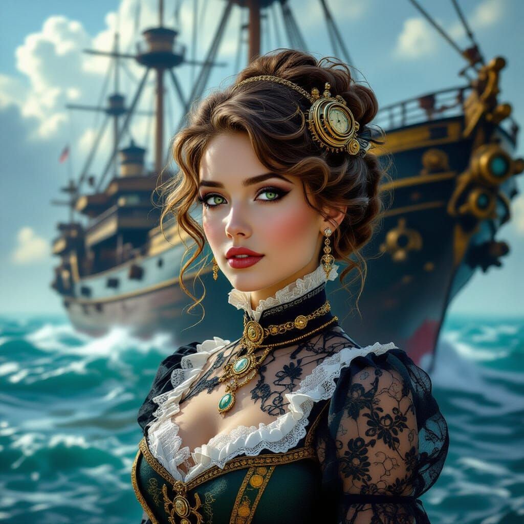 Steampunk Woman in Victorian Lace with Spaceship