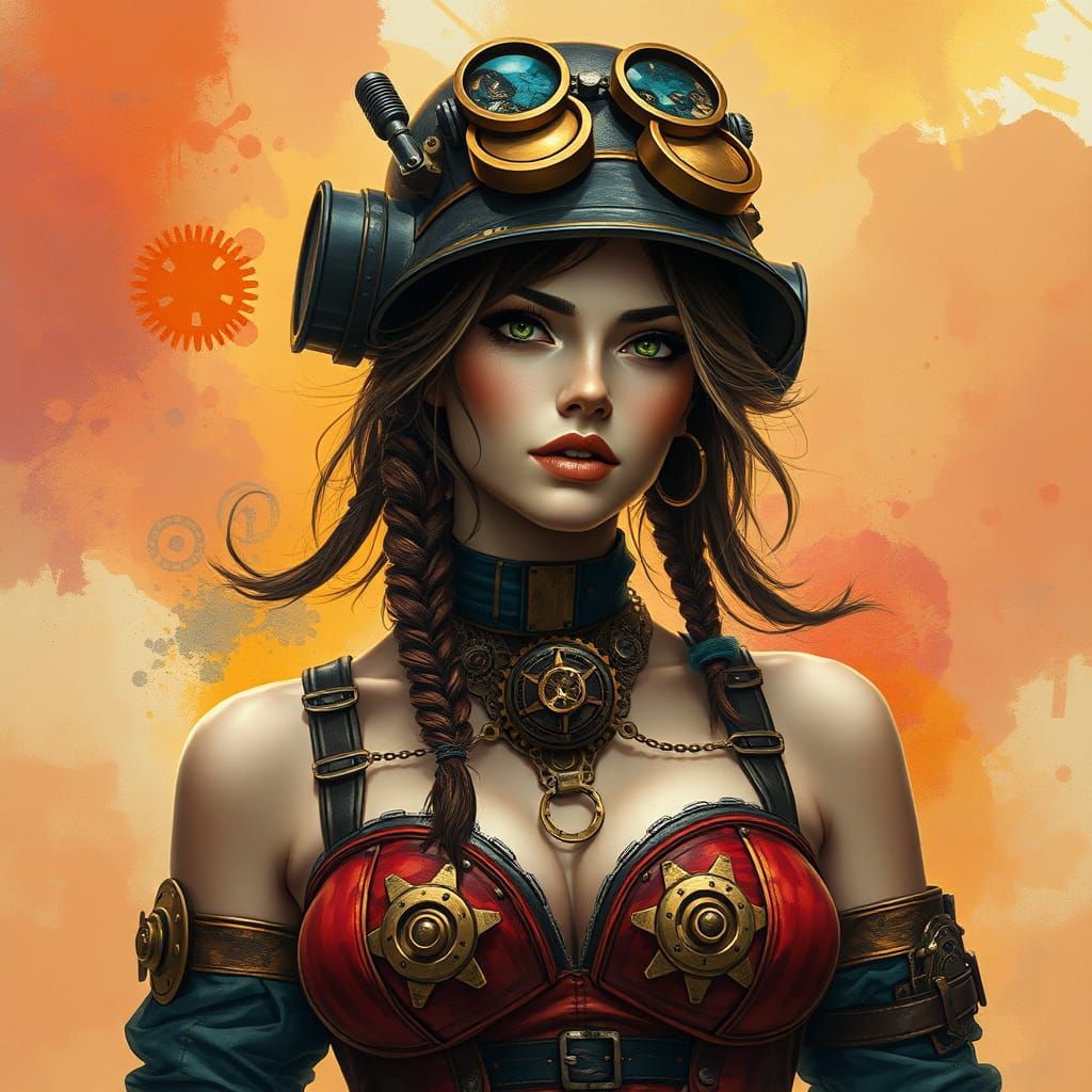 Steampunk Pinup Woman in Watercolor Style