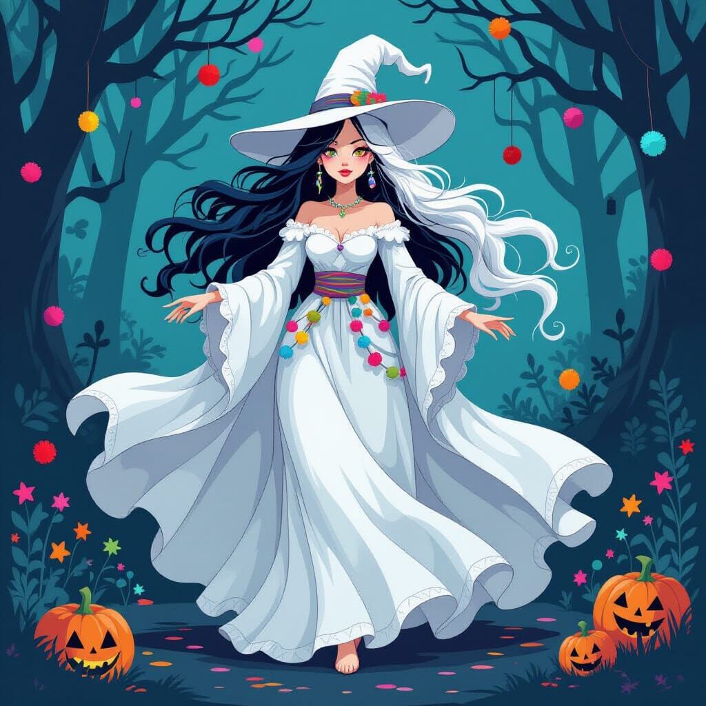 Whimsical Witch Ghost Surrounded by Pom Poms